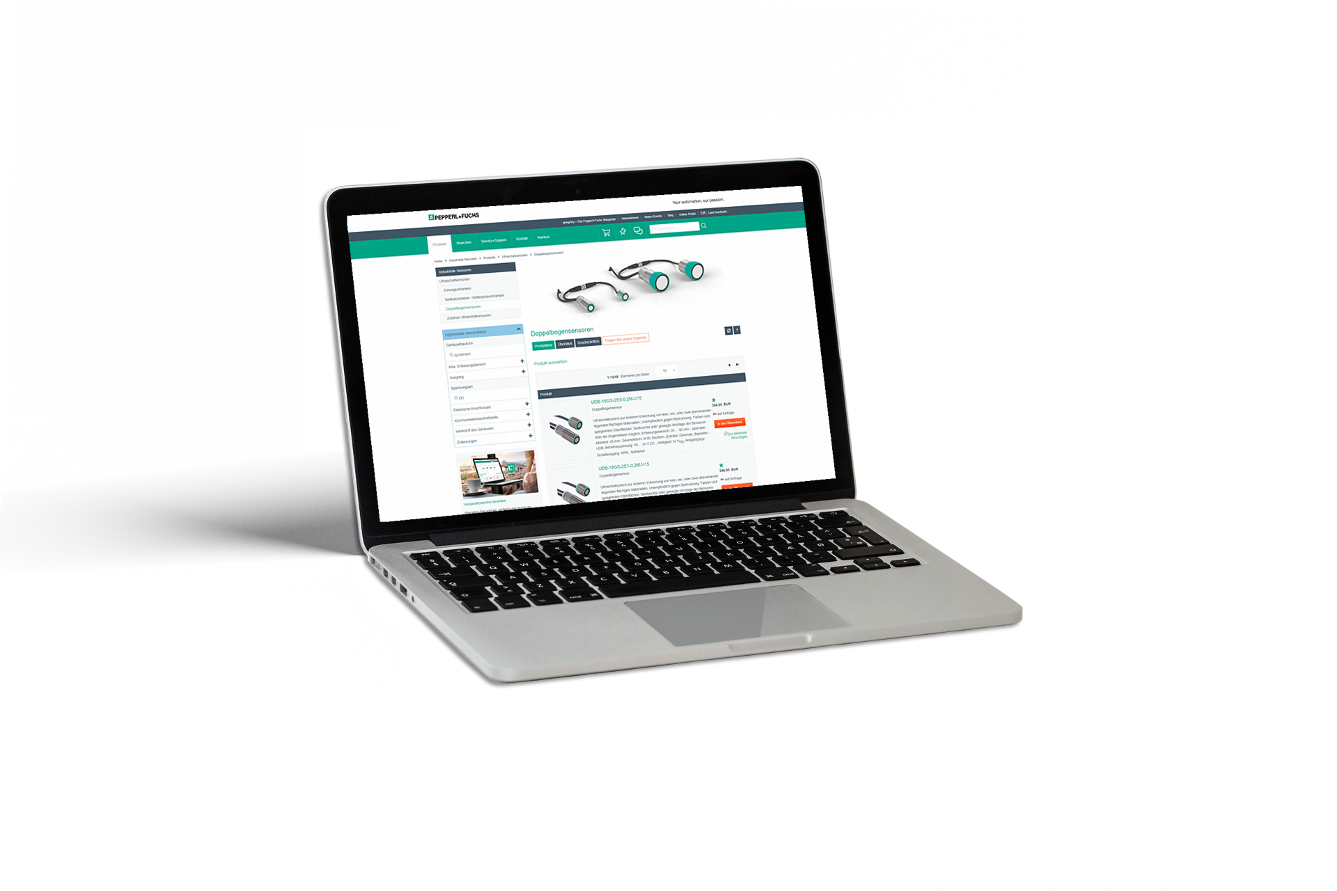Screenshot der Pepperl-Fuchs Webseite