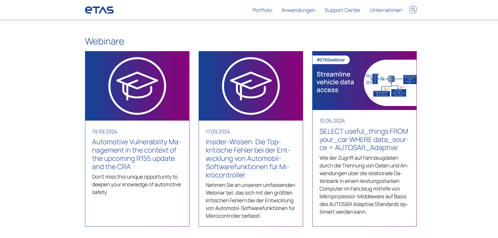 Website snippet of ETAS.com