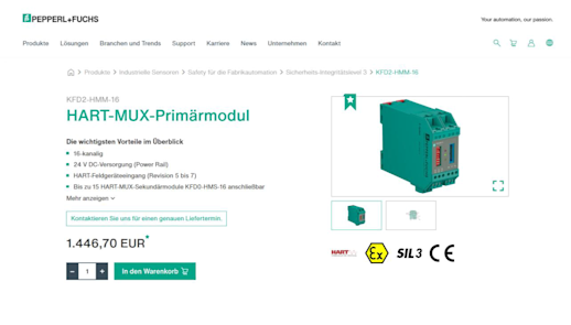 Screenshot of a product from the PEPPERL+FUCHS portfolio