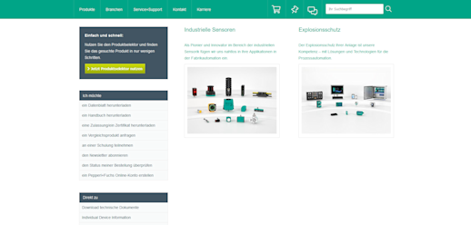 Bildausschnitt der Webseite von Pepperl+Fuchs